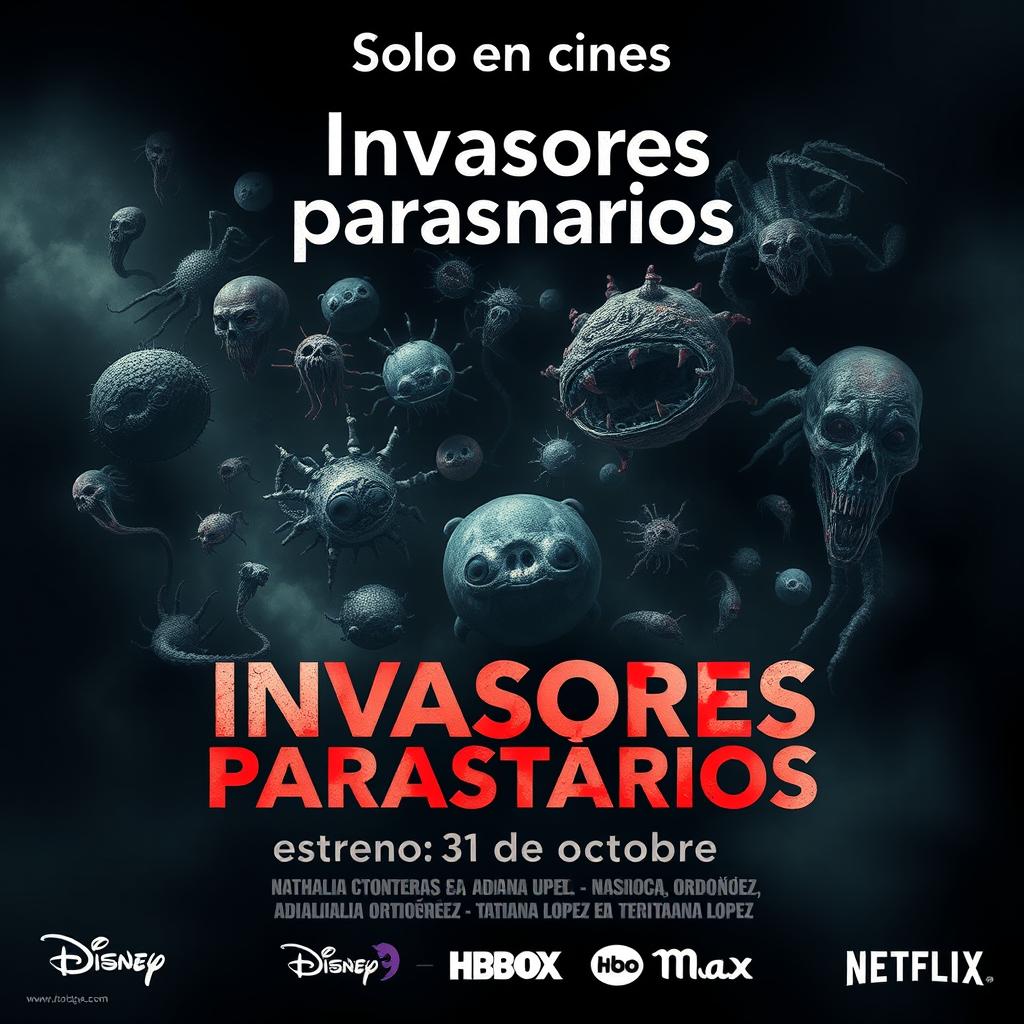 A chilling movie poster titled 'Invasores parasitarios' featuring an array of grotesque and disturbing microorganisms as the main visuals