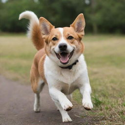 A cheerful and energetic dog in an outdoor setting, wagging its tail and ready to play.