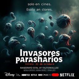 A chilling movie poster titled 'Invasores parasitarios' featuring an array of grotesque and disturbing microorganisms as the main visuals