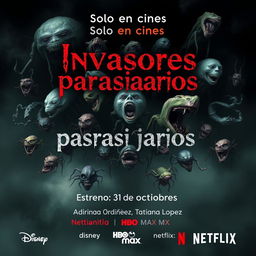 A chilling movie poster titled 'Invasores parasitarios' featuring an array of grotesque and disturbing microorganisms as the main visuals