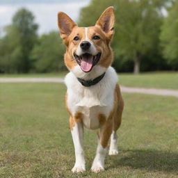 A cheerful and energetic dog in an outdoor setting, wagging its tail and ready to play.