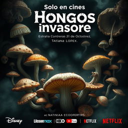 A chilling movie poster titled 'Hongos invasores' featuring an array of grotesque and disturbing microscopic fungi as the primary visual element