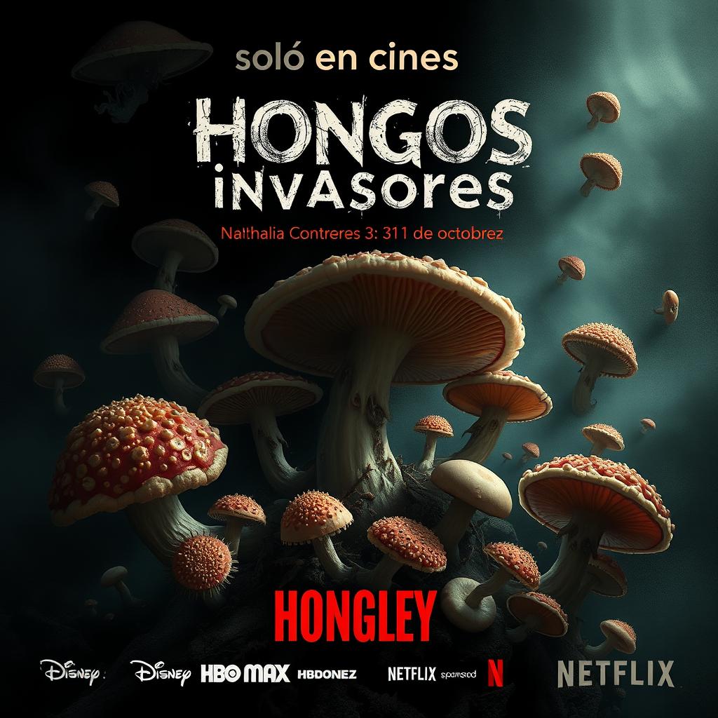 A chilling movie poster titled 'Hongos invasores' featuring an array of grotesque and disturbing microscopic fungi as the primary visual element