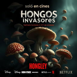 A chilling movie poster titled 'Hongos invasores' featuring an array of grotesque and disturbing microscopic fungi as the primary visual element