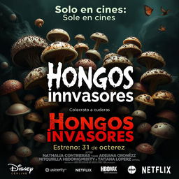 A chilling movie poster titled 'Hongos invasores' featuring an array of grotesque and disturbing microscopic fungi as the primary visual element