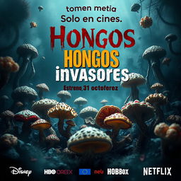 A chilling movie poster titled 'Hongos invasores' featuring an array of grotesque and disturbing microscopic fungi as the primary visual element