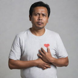 A 40 years old Malay man, in an evident state of pain, clutching his chest signifying a heart attack. He's standing with a look of distress and discomfort on his face, displayed with a neutral background.