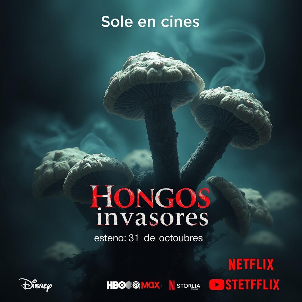 A spine-chilling movie poster titled 'Hongos invasores' featuring grotesque and horrifying images of unattractive microscopic fungi as the central visual element