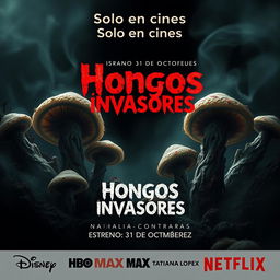 A spine-chilling movie poster titled 'Hongos invasores' featuring grotesque and horrifying images of unattractive microscopic fungi as the central visual element