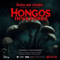 A spine-chilling movie poster titled 'Hongos invasores' featuring grotesque and horrifying images of unattractive microscopic fungi as the central visual element