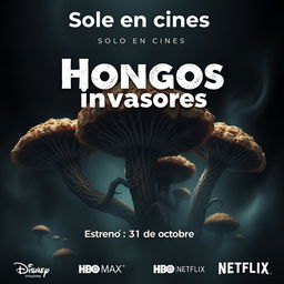 A spine-chilling movie poster titled 'Hongos invasores' featuring grotesque and horrifying images of unattractive microscopic fungi as the central visual element