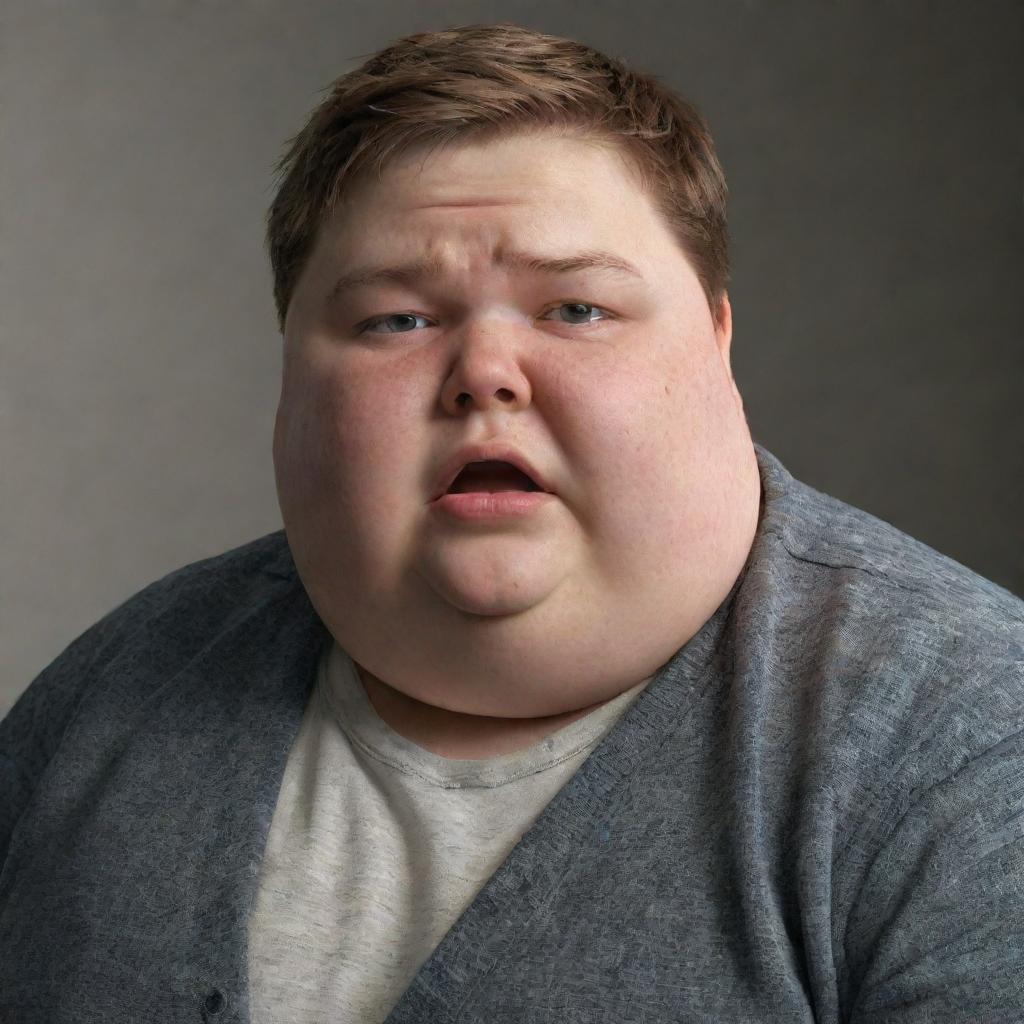 Render a realistic image of an overweight 15-year-old boy tearfully dismayed due to receiving a poor grade in history.