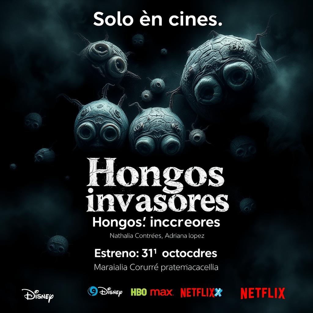 A haunting movie poster titled 'Hongos invasores' featuring grotesque and unsettling images of ugly microscopic microorganisms as the central visual focus