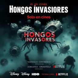 A haunting movie poster titled 'Hongos invasores' featuring grotesque and unsettling images of ugly microscopic microorganisms as the central visual focus