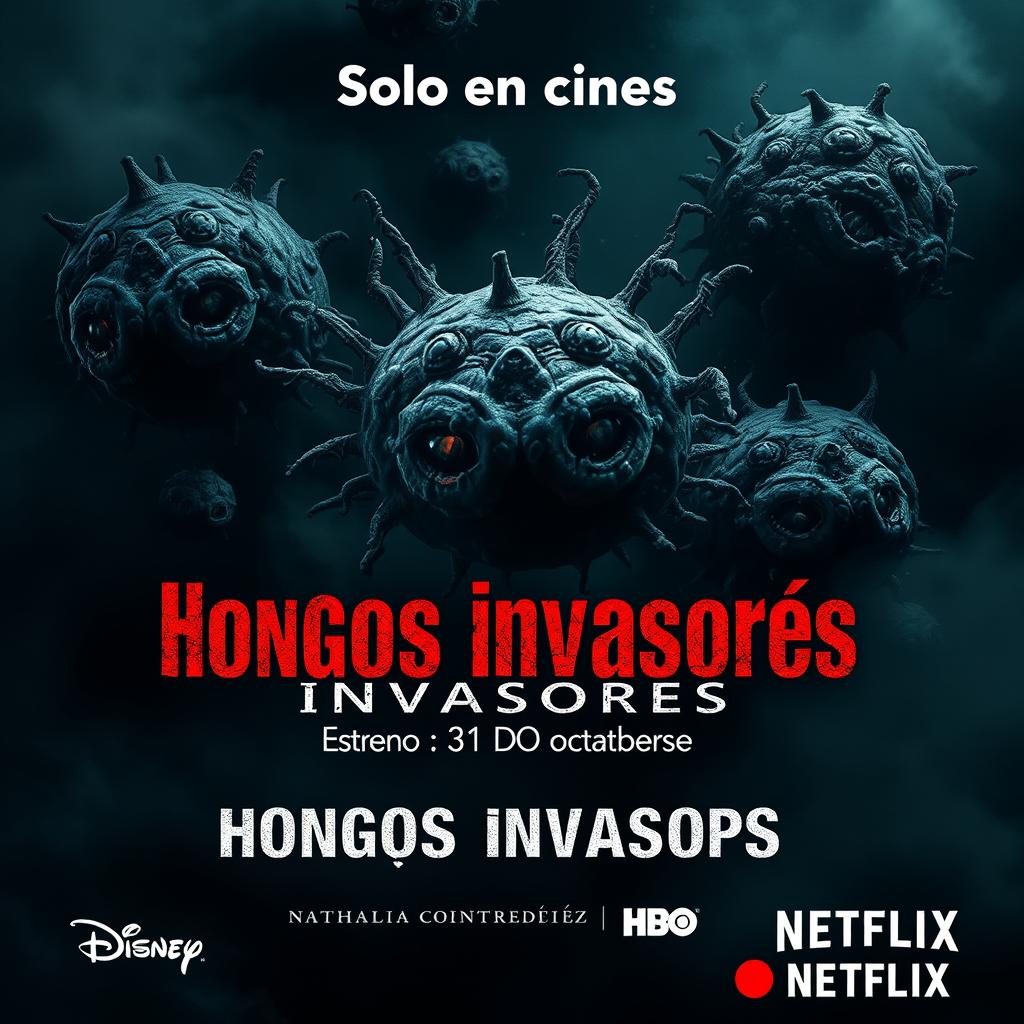 A terrifying movie poster titled 'Hongos invasores' featuring a striking image of grotesque and ugly microorganisms as the main visual element