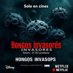 A terrifying movie poster titled 'Hongos invasores' featuring a striking image of grotesque and ugly microorganisms as the main visual element