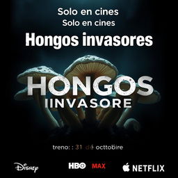 A chilling movie poster titled 'Hongos invasores' featuring a dramatic and unsettling image of laboratory fungi as the central visual element