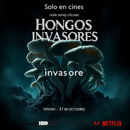 A chilling movie poster titled 'Hongos invasores' featuring a dramatic and unsettling image of laboratory fungi as the central visual element