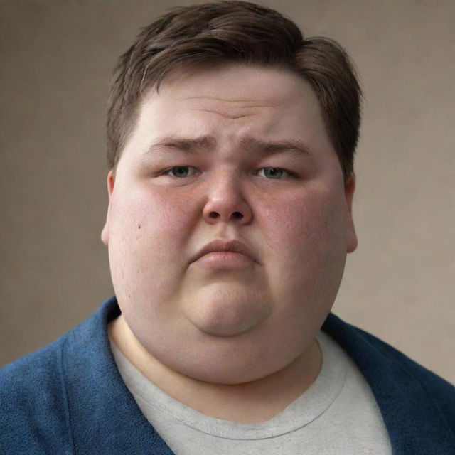 Render a realistic image of an overweight 15-year-old boy tearfully dismayed due to receiving a poor grade in history.