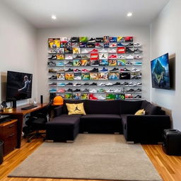 A cozy rectangular gaming room featuring an L-shaped desk positioned in the corner, optimized for gaming