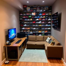 A cozy rectangular gaming room featuring an L-shaped desk positioned in the corner, optimized for gaming