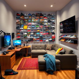 A cozy rectangular gaming room featuring an L-shaped desk positioned in the corner, optimized for gaming