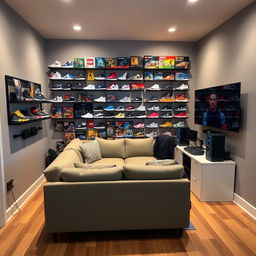 A cozy rectangular gaming room featuring an L-shaped desk positioned in the corner, optimized for gaming