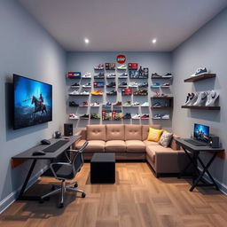 A stylish rectangular gaming room featuring an L-shaped desk in the corner, perfectly designed for gaming activities