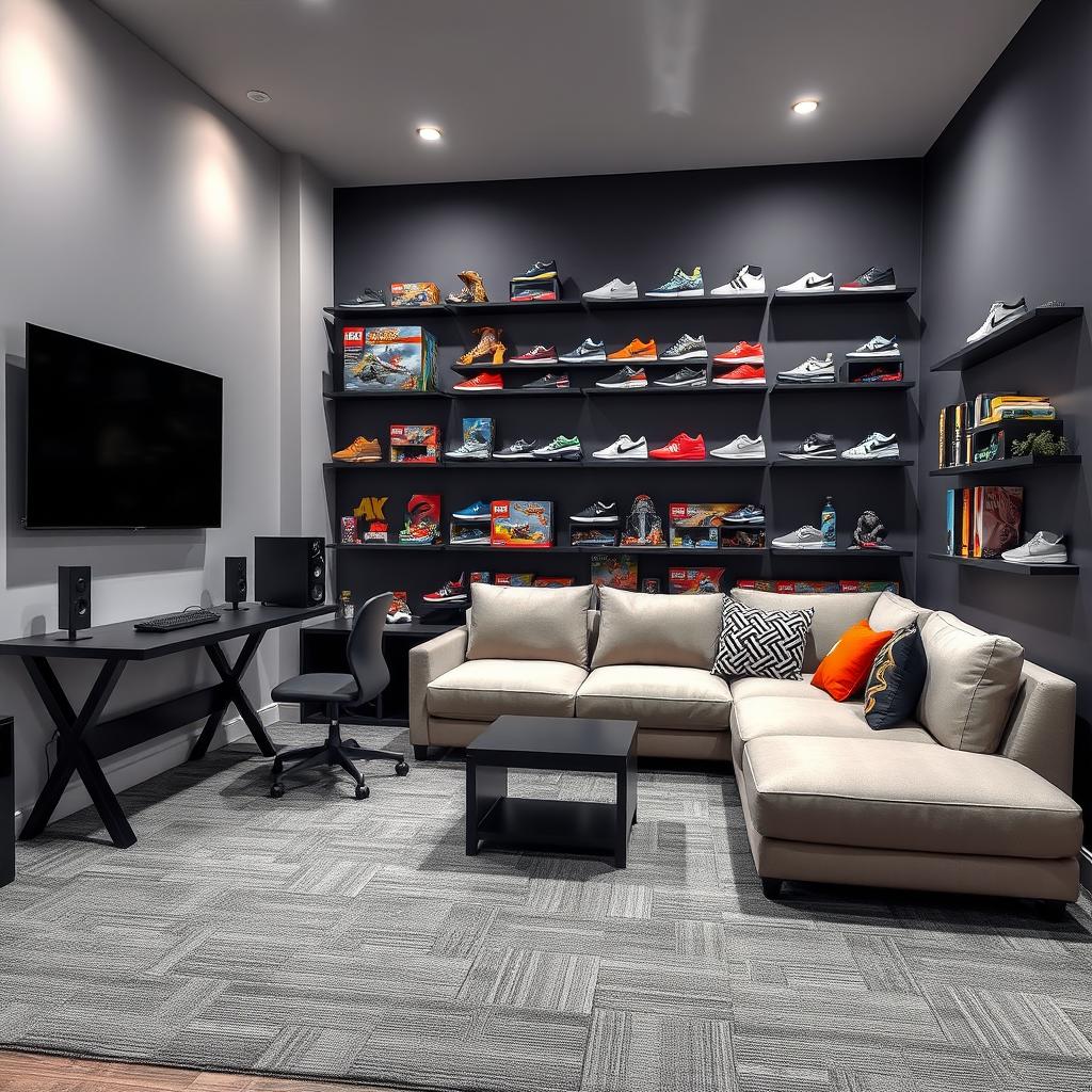 A stylish rectangular gaming room featuring an L-shaped desk in the corner, perfectly designed for gaming activities