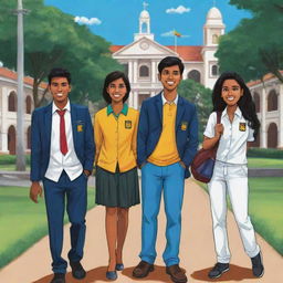 Design a vibrant and humorous cartoon image featuring six Sri Lankan university students. Show them in their unique styles and characteristics, all engaged in typical campus activities against a backdrop of the university.