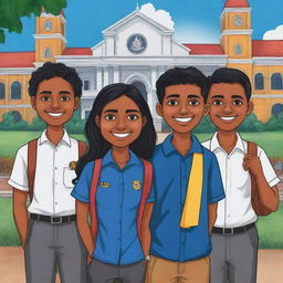 Design a vibrant and humorous cartoon image featuring six Sri Lankan university students. Show them in their unique styles and characteristics, all engaged in typical campus activities against a backdrop of the university.