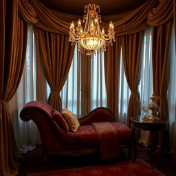 An elegant and intimate interior scene in a luxurious private room, featuring plush velvet drapes that cascade dramatically from the ceiling, a vintage chaise lounge adorned with decorative pillows, a shimmering chandelier casting a warm glow, and a small mahogany table with exquisite glassware