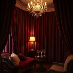 An elegant and intimate interior scene in a luxurious private room, featuring plush velvet drapes that cascade dramatically from the ceiling, a vintage chaise lounge adorned with decorative pillows, a shimmering chandelier casting a warm glow, and a small mahogany table with exquisite glassware