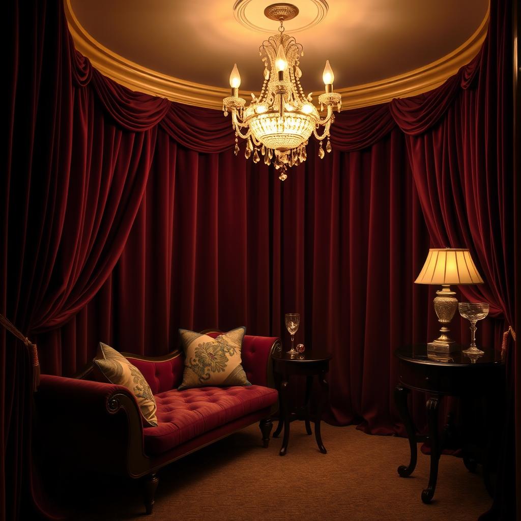 An elegant and intimate interior scene in a luxurious private room, featuring plush velvet drapes that cascade dramatically from the ceiling, a vintage chaise lounge adorned with decorative pillows, a shimmering chandelier casting a warm glow, and a small mahogany table with exquisite glassware