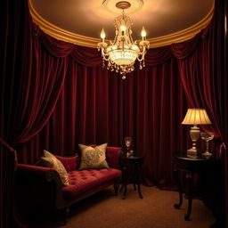 An elegant and intimate interior scene in a luxurious private room, featuring plush velvet drapes that cascade dramatically from the ceiling, a vintage chaise lounge adorned with decorative pillows, a shimmering chandelier casting a warm glow, and a small mahogany table with exquisite glassware