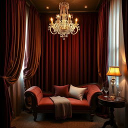 An elegant and intimate interior scene in a luxurious private room, featuring plush velvet drapes that cascade dramatically from the ceiling, a vintage chaise lounge adorned with decorative pillows, a shimmering chandelier casting a warm glow, and a small mahogany table with exquisite glassware