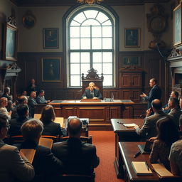 A dramatic courtroom scene set in a vintage legal chamber, showcasing an ornate wooden judge's bench where a stern judge presides, flanked by law books and a gavel