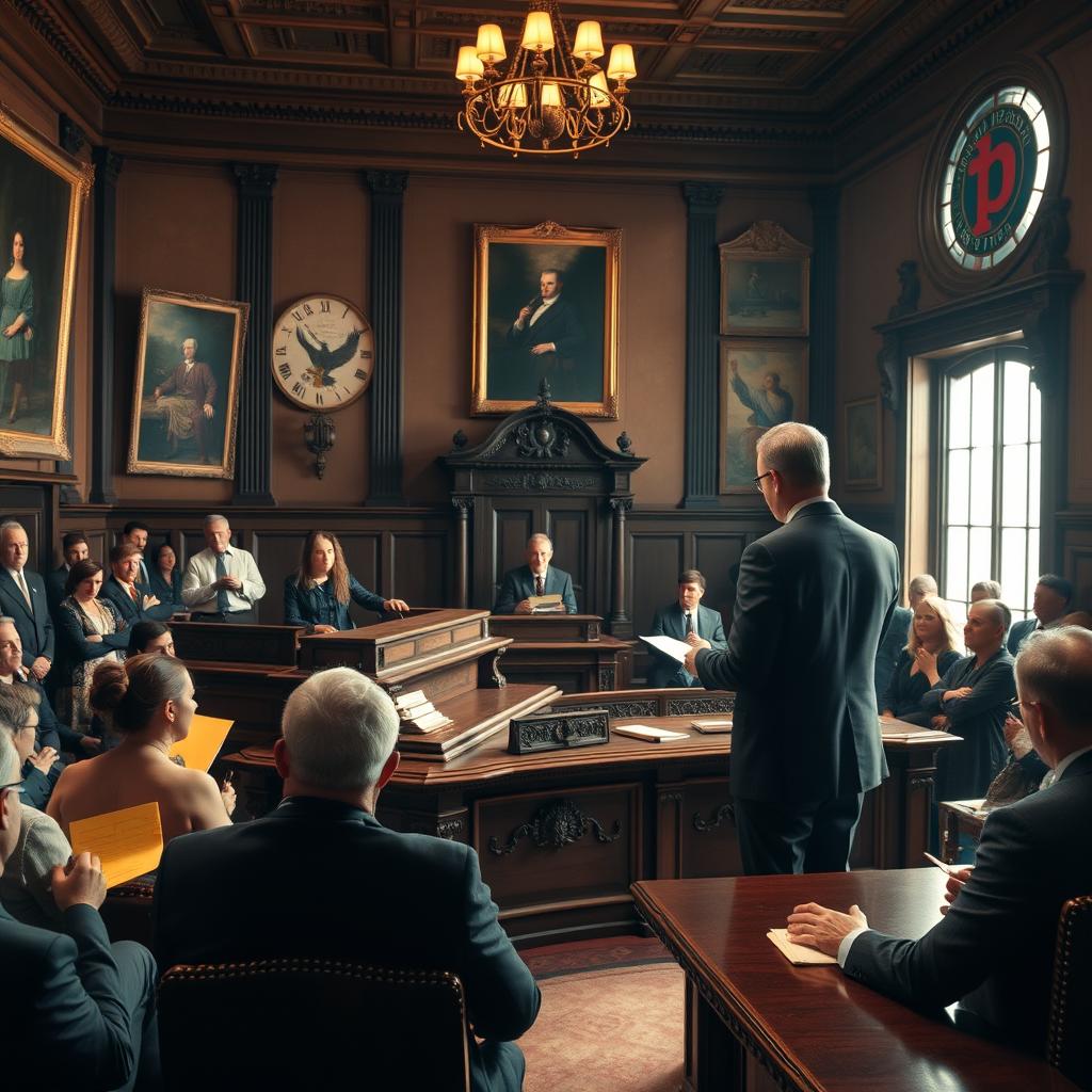 A dramatic courtroom scene set in a vintage legal chamber, showcasing an ornate wooden judge's bench where a stern judge presides, flanked by law books and a gavel