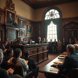 A dramatic courtroom scene set in a vintage legal chamber, showcasing an ornate wooden judge's bench where a stern judge presides, flanked by law books and a gavel