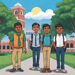 Design a vibrant and humorous cartoon image featuring six Sri Lankan university students. Show them in their unique styles and characteristics, all engaged in typical campus activities against a backdrop of the university.