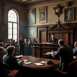 A dramatic courtroom scene set in a vintage legal chamber, showcasing an ornate wooden judge's bench where a stern judge presides, flanked by law books and a gavel