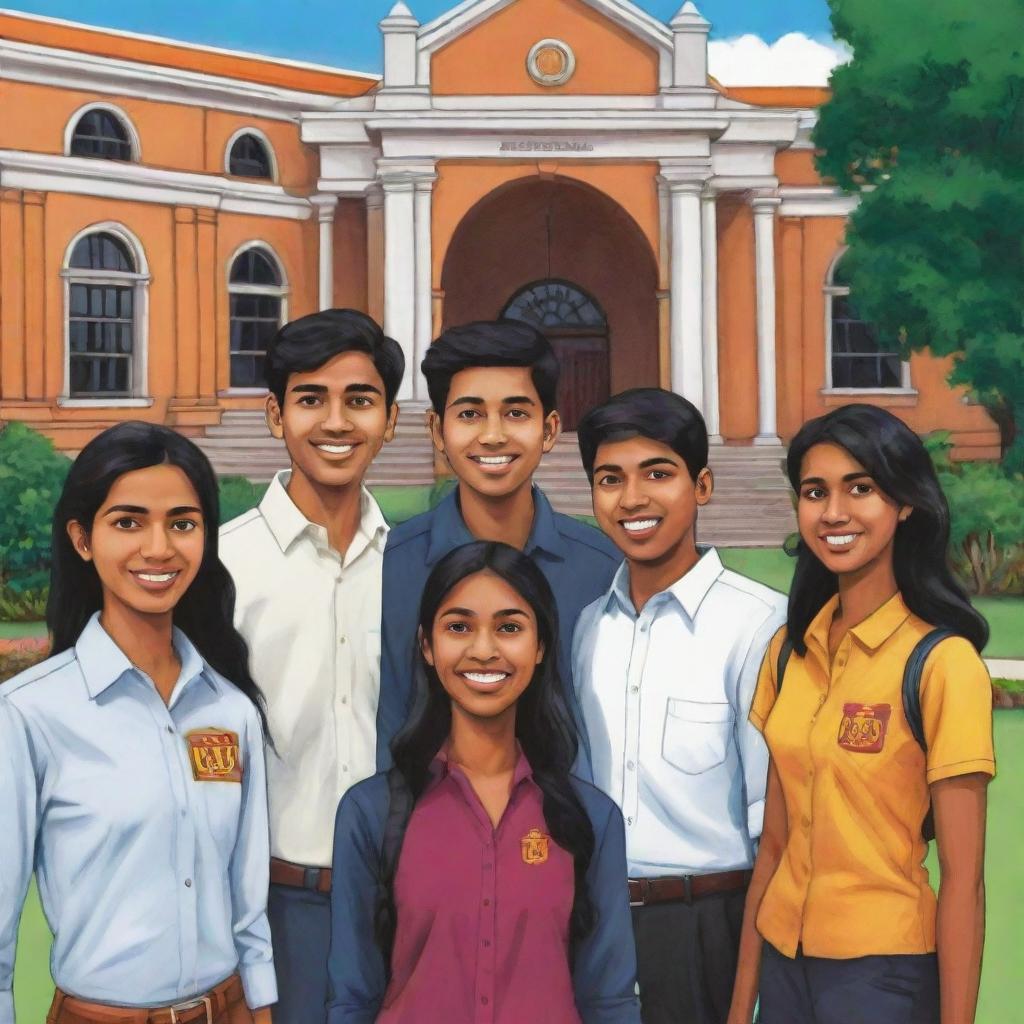 Design a vibrant and humorous cartoon image featuring six Sri Lankan university students. Show them in their unique styles and characteristics, all engaged in typical campus activities against a backdrop of the university.