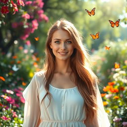 A stunning portrait of a woman with long flowing hair, cascading down her shoulders, standing in a lush garden filled with vibrant flowers and greenery