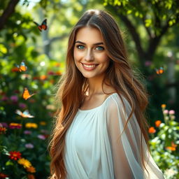 A stunning portrait of a woman with long flowing hair, cascading down her shoulders, standing in a lush garden filled with vibrant flowers and greenery