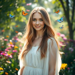 A stunning portrait of a woman with long flowing hair, cascading down her shoulders, standing in a lush garden filled with vibrant flowers and greenery