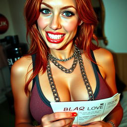 A close-up shot of a stunning redhead female with a large chest and ample cleavage, wearing a tank top adorned with punk chains