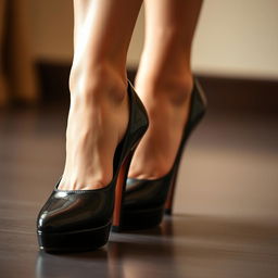 A close-up image of elegantly feminine feet in black high heels