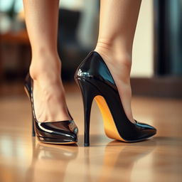 A close-up image of elegantly feminine feet in black high heels