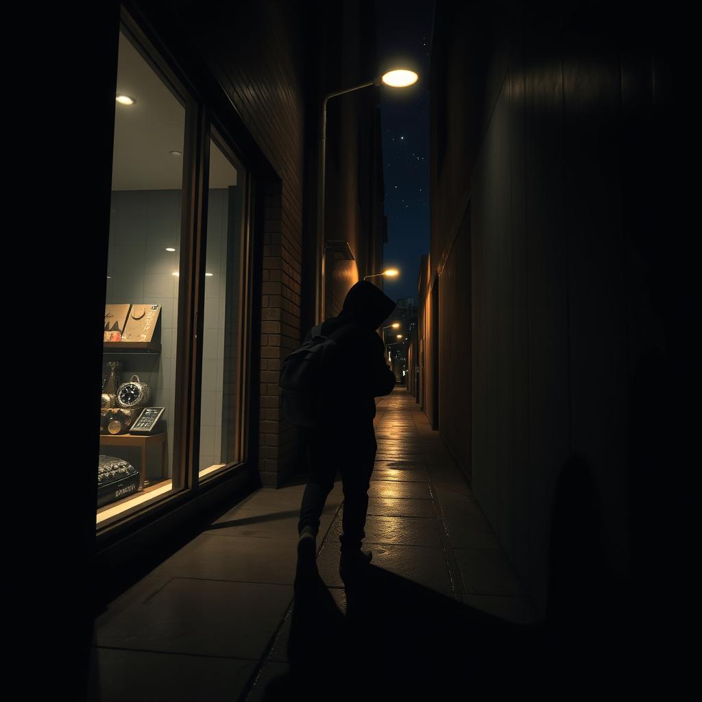 A dramatic scene depicting a night-time burglary in a modern urban setting