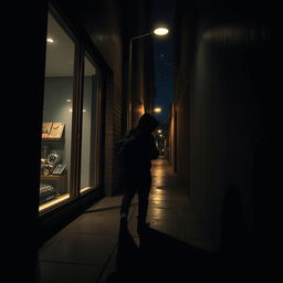 A dramatic scene depicting a night-time burglary in a modern urban setting